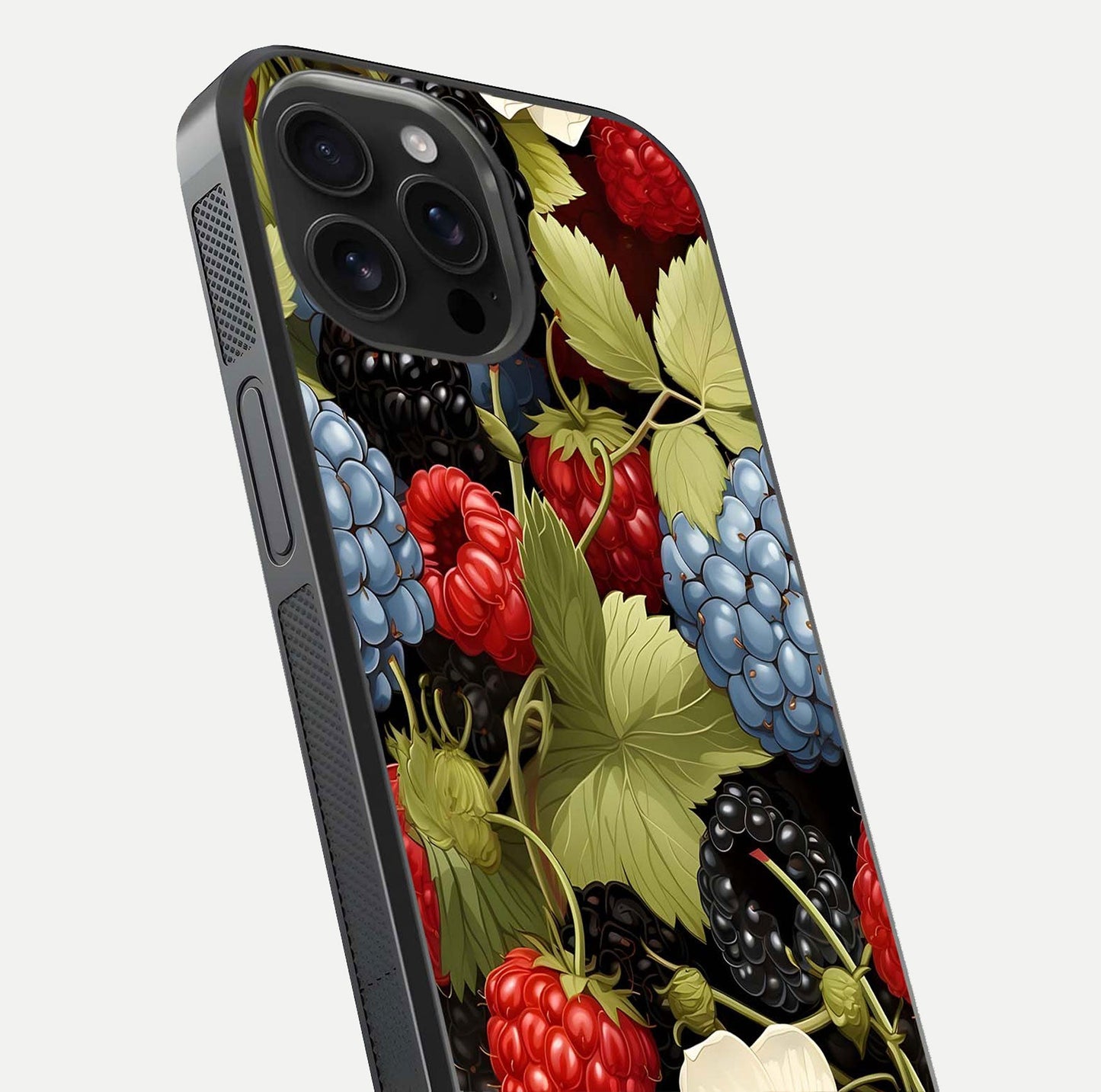 Berry Bloom Charm Glass Case for iPhone 16 Pro Max close-up view highlighting berry color tones and fine petal detailing