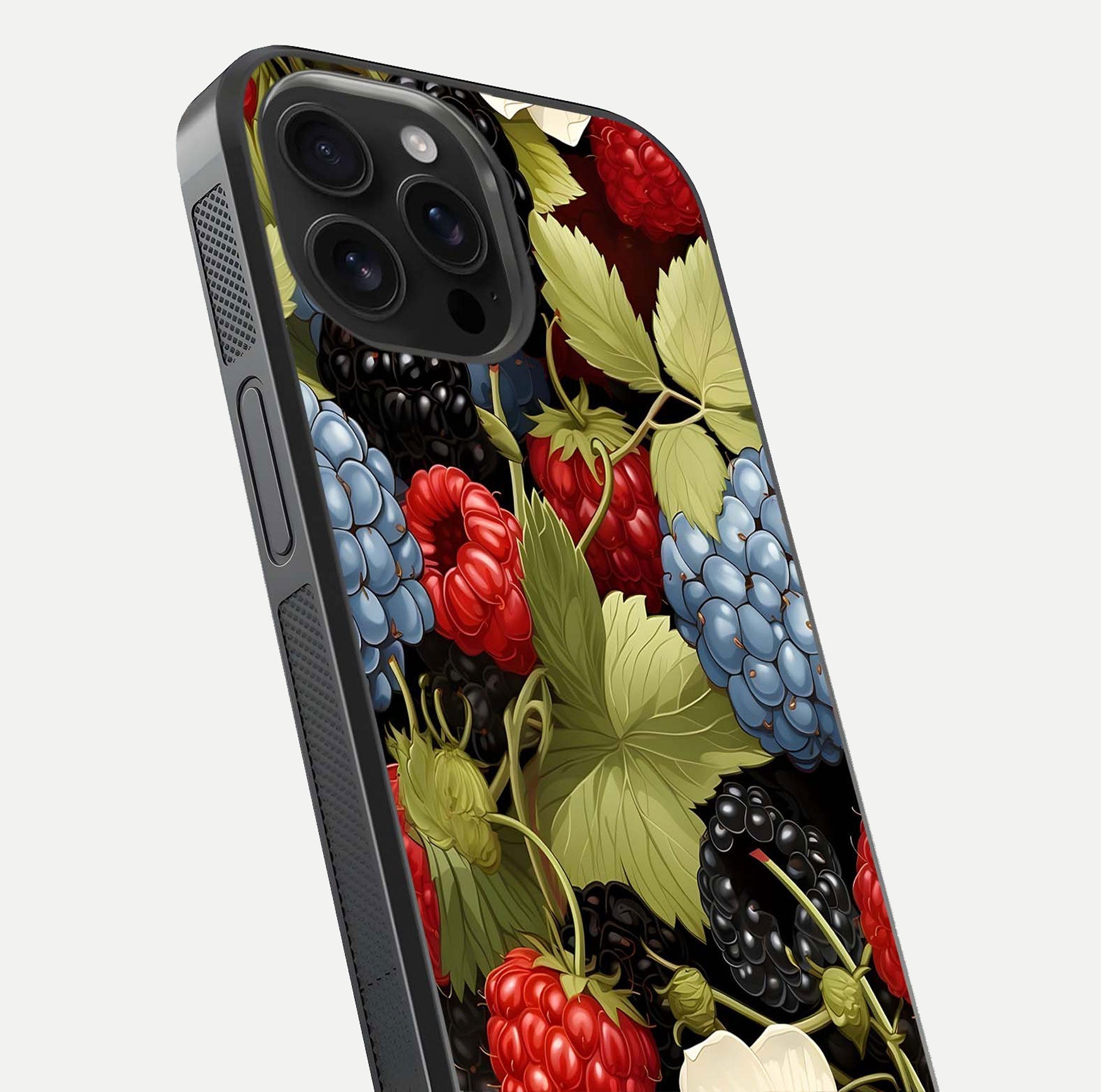 Berry Bloom Charm Glass Case for iPhone 16 Pro Max close-up view highlighting berry color tones and fine petal detailing