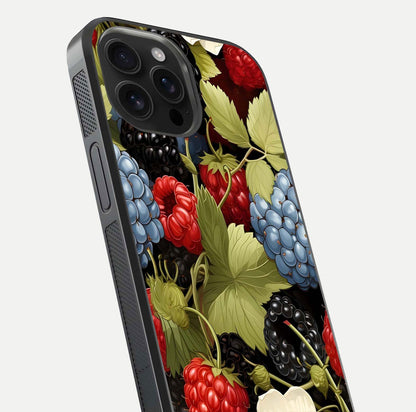 Berry Bloom Charm Glass Case for iPhone 16 Pro Max close-up view highlighting berry color tones and fine petal detailing