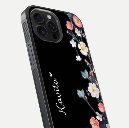 Black Elegance Floral Custom Name Glass Case for iPhone 16 Pro Max close-up shot showing rose detailing and elegant reflection