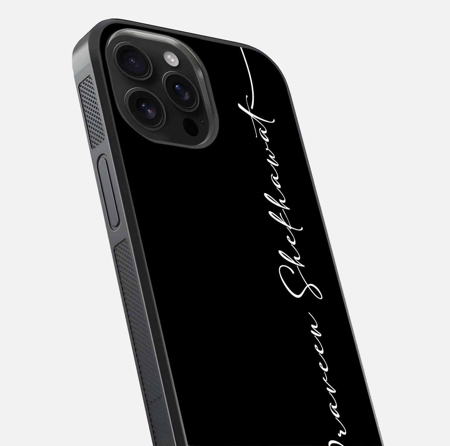 Black Tune Custom Name Glass Case for iPhone 16 Pro Max close-up shot highlighting sleek monochrome design and reflection