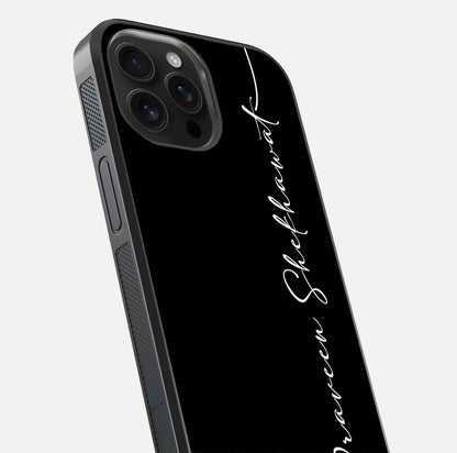 Black Tune Custom Name Glass Case for iPhone 16 Pro Max close-up shot highlighting sleek monochrome design and reflection