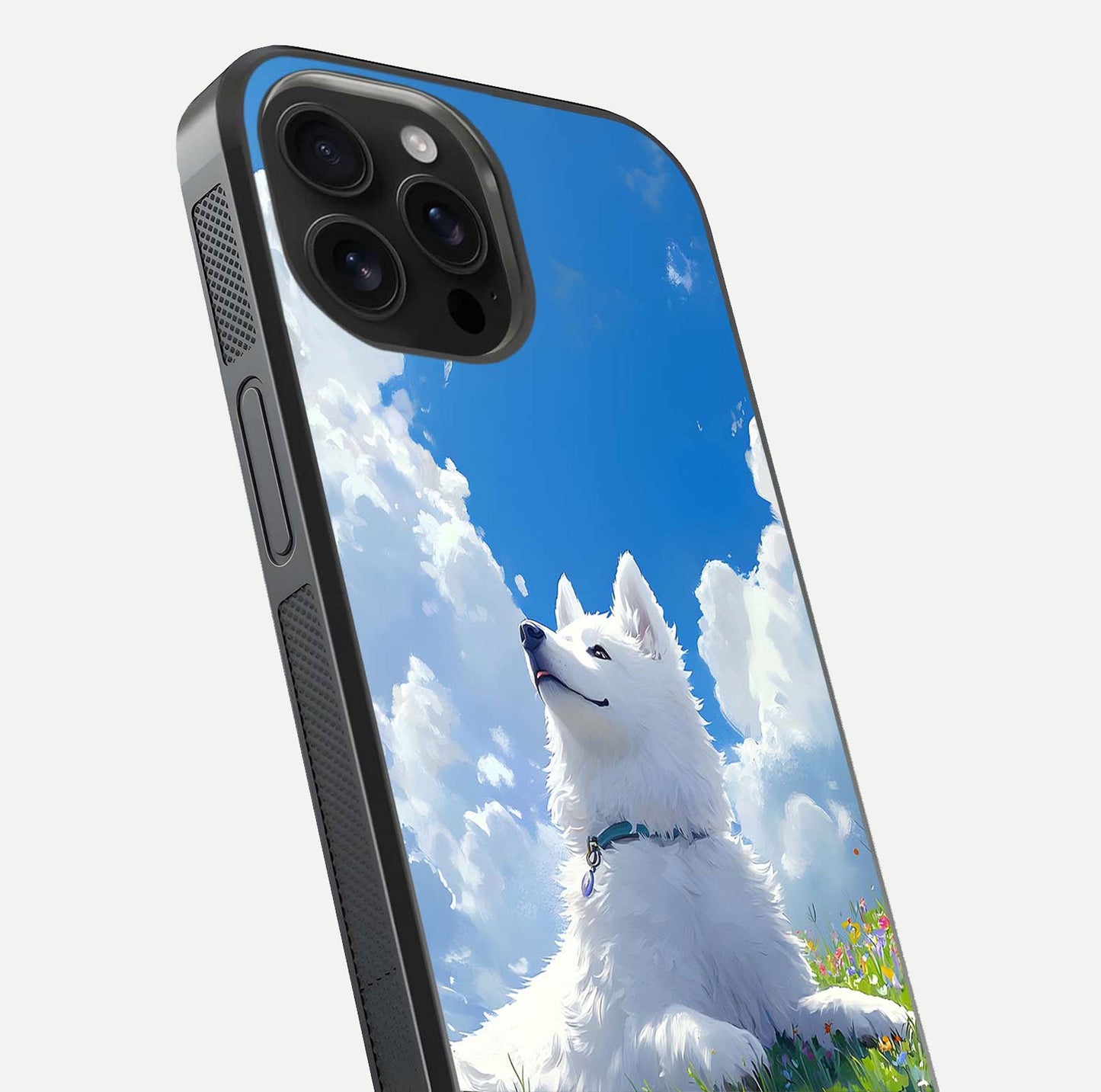 Blissful Cloud Pup Glass Case for iPhone 16 Pro Max close-up image highlighting puppy details and glossy reflection