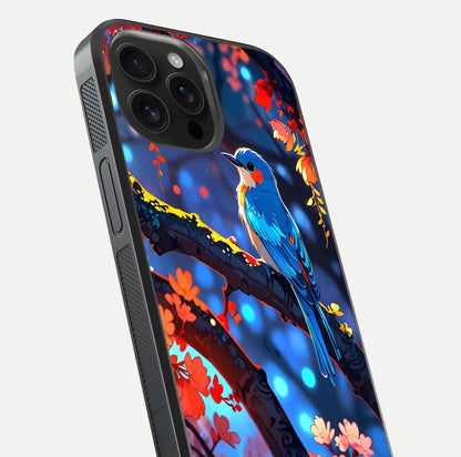 Blooming Spendor Bird Glass Case for iPhone 16 Pro Max close-up shot highlighting bird design details and glossy shine