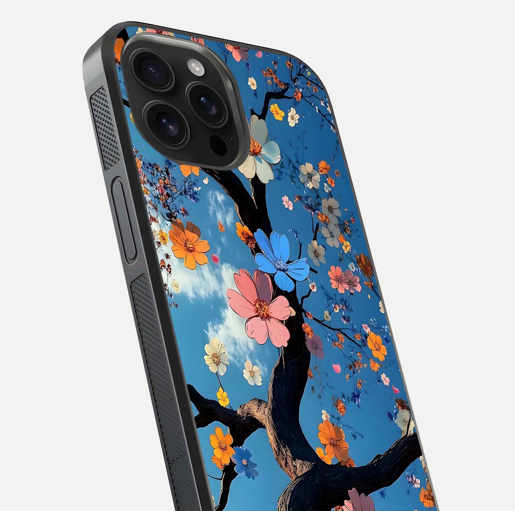 Blossom Dream Sky Glass Case for iPhone 16 Pro Max close-up shot highlighting dreamlike clouds and pink blossoms