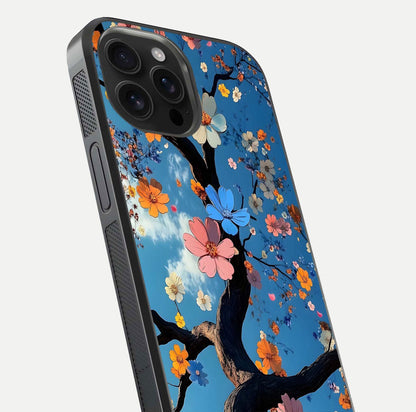Blossom Dream Sky Glass Case for iPhone 16 Pro Max close-up shot highlighting dreamlike clouds and pink blossoms