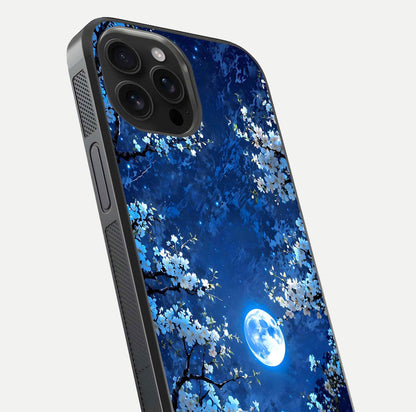 Blossom Moonlight Sky Glass Case for iPhone 16 Pro Max close-up angle capturing moon glow and flower detail reflections