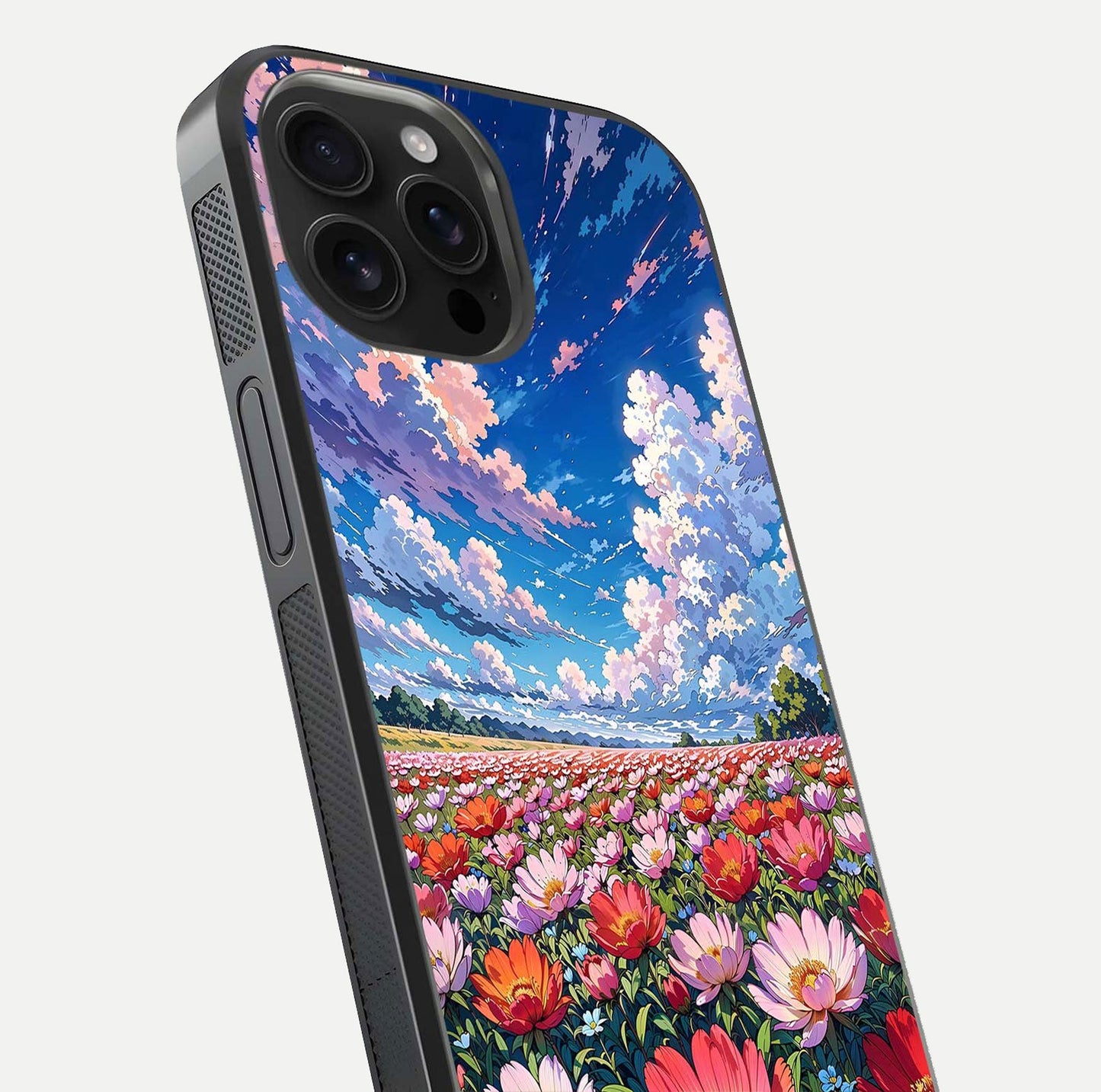 Blossom Sky Field Glass Case for iPhone 16 Pro Max close-up image showing petal patterns and subtle sky gradient