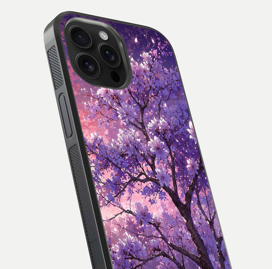 Blossom Tree Glass Case for iPhone 16 Pro Max close-up image highlighting tree branches, blossoms, and shine