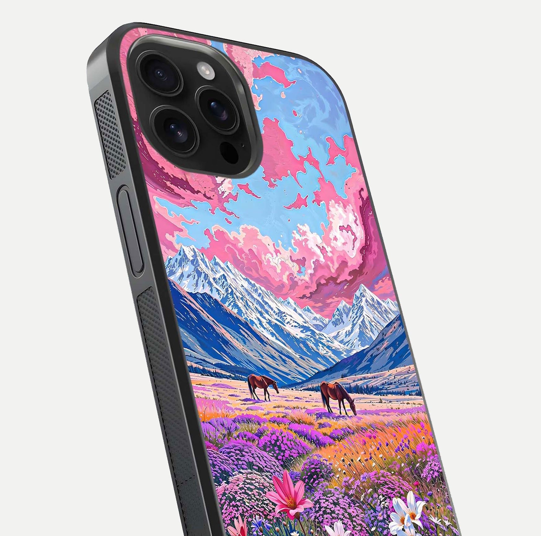 Blossom Valley Dream Glass Case for iPhone 16 Pro Max close-up view showing detailed flower print and pastel hues