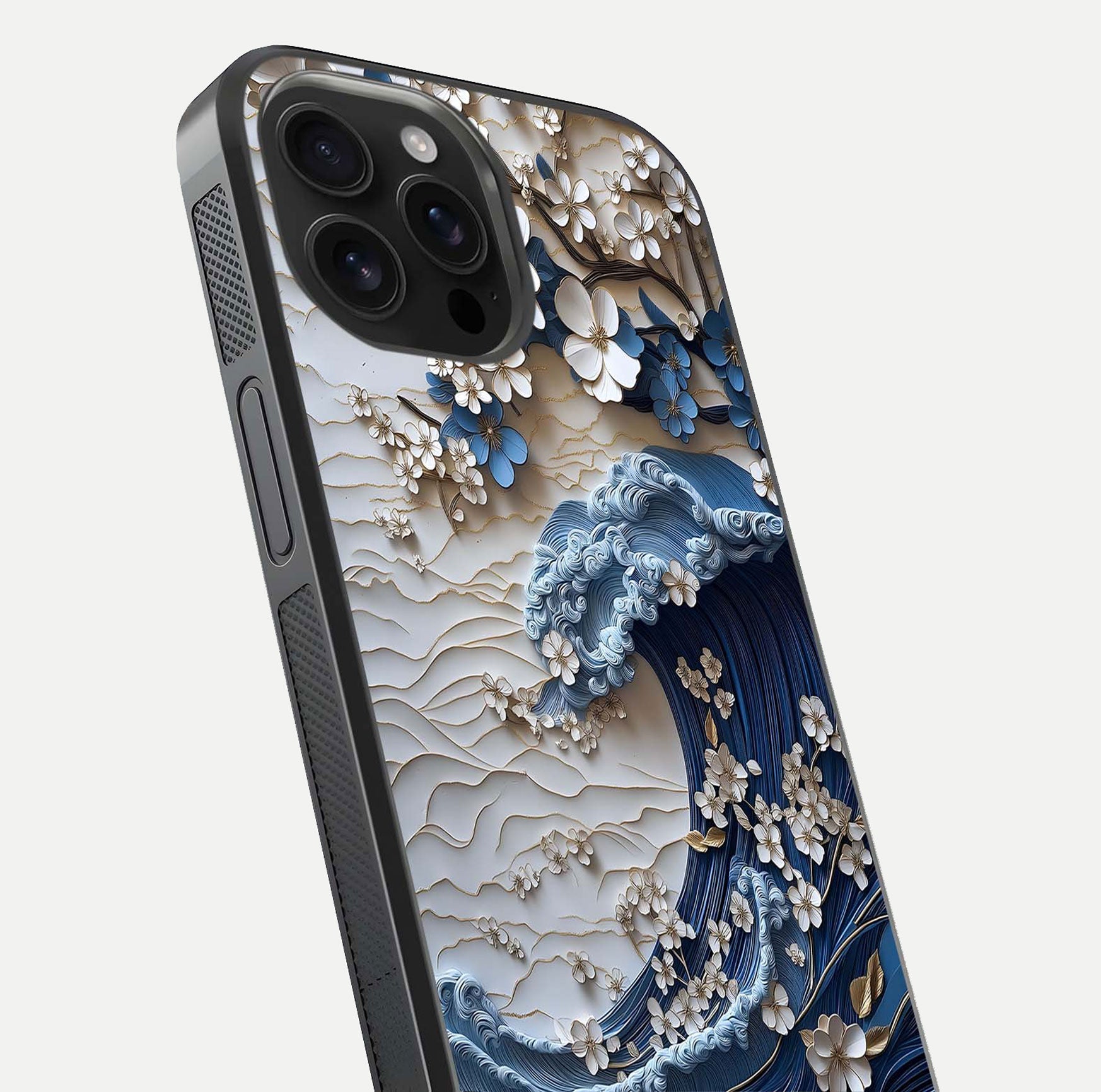 Blossom Wave Art Glass Case for iPhone 16 Pro Max close-up shot highlighting wave motion in floral art and reflection