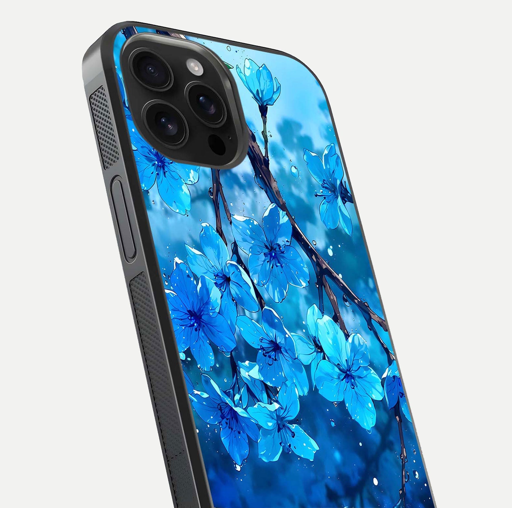 Blue Blossoms Branch Glass Case for iPhone 16 Pro Max close-up angle highlighting petal details and reflection gloss