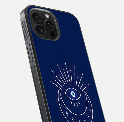 Blue Evil Eye Glass Case for iPhone 16 Pro Max close-up shot highlighting eye motif, protection symbol, and glass shine
