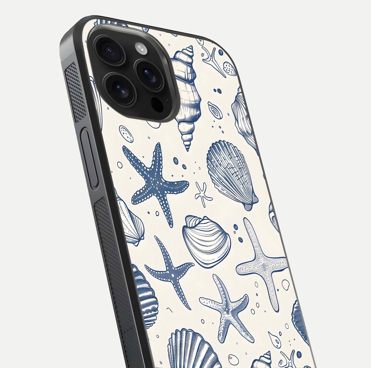 Blue Ocean Outline Glass Case for iPhone 16 Pro Max close-up shot highlighting line art details and reflection texture
