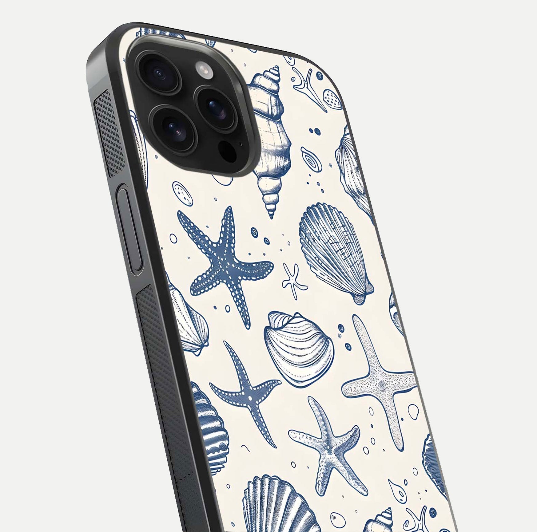 Blue Ocean Outline Glass Case for iPhone 16 Pro Max close-up shot highlighting line art details and reflection texture
