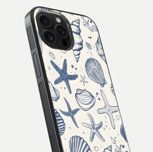 Blue Ocean Outline Glass Case for iPhone 16 Pro Max close-up shot highlighting line art details and reflection texture