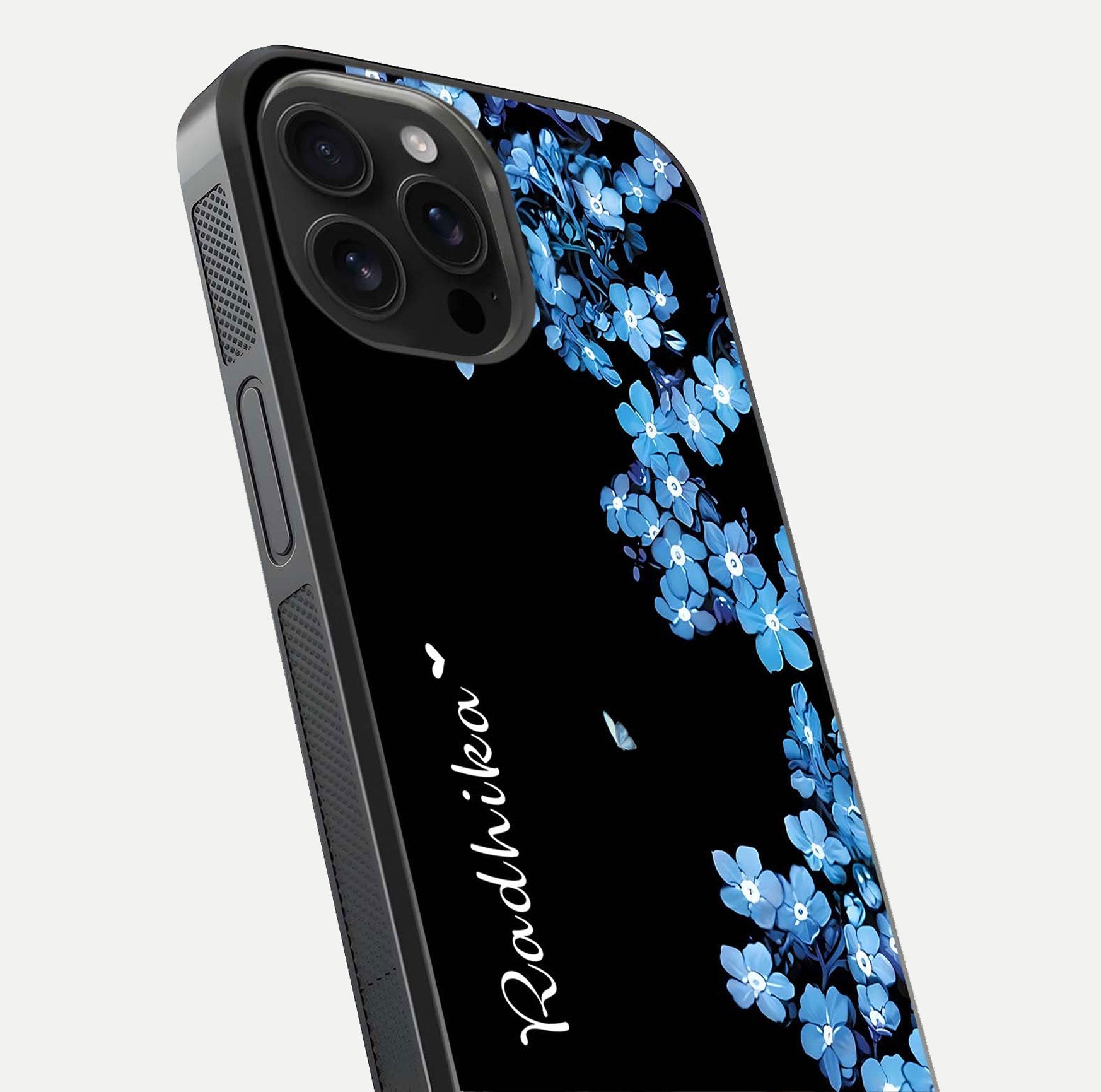 Blue Petal Dream Custom Name Glass Case for iPhone 16 Pro Max close-up highlighting petal texture and gloss reflection