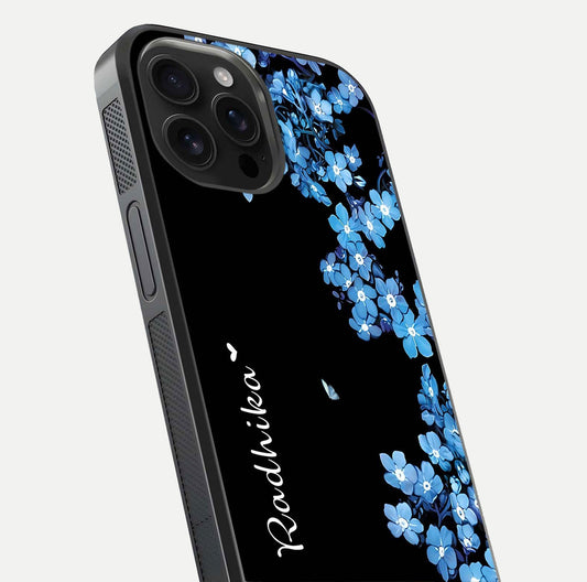 Blue Petal Dream Custom Name Glass Case for iPhone 16 Pro Max close-up highlighting petal texture and gloss reflection
