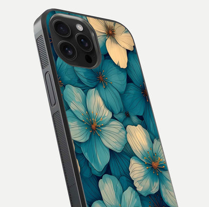 Blue Shade Floral Glass Case for iPhone 16 Pro Max close-up angle showing flower print precision and reflection
