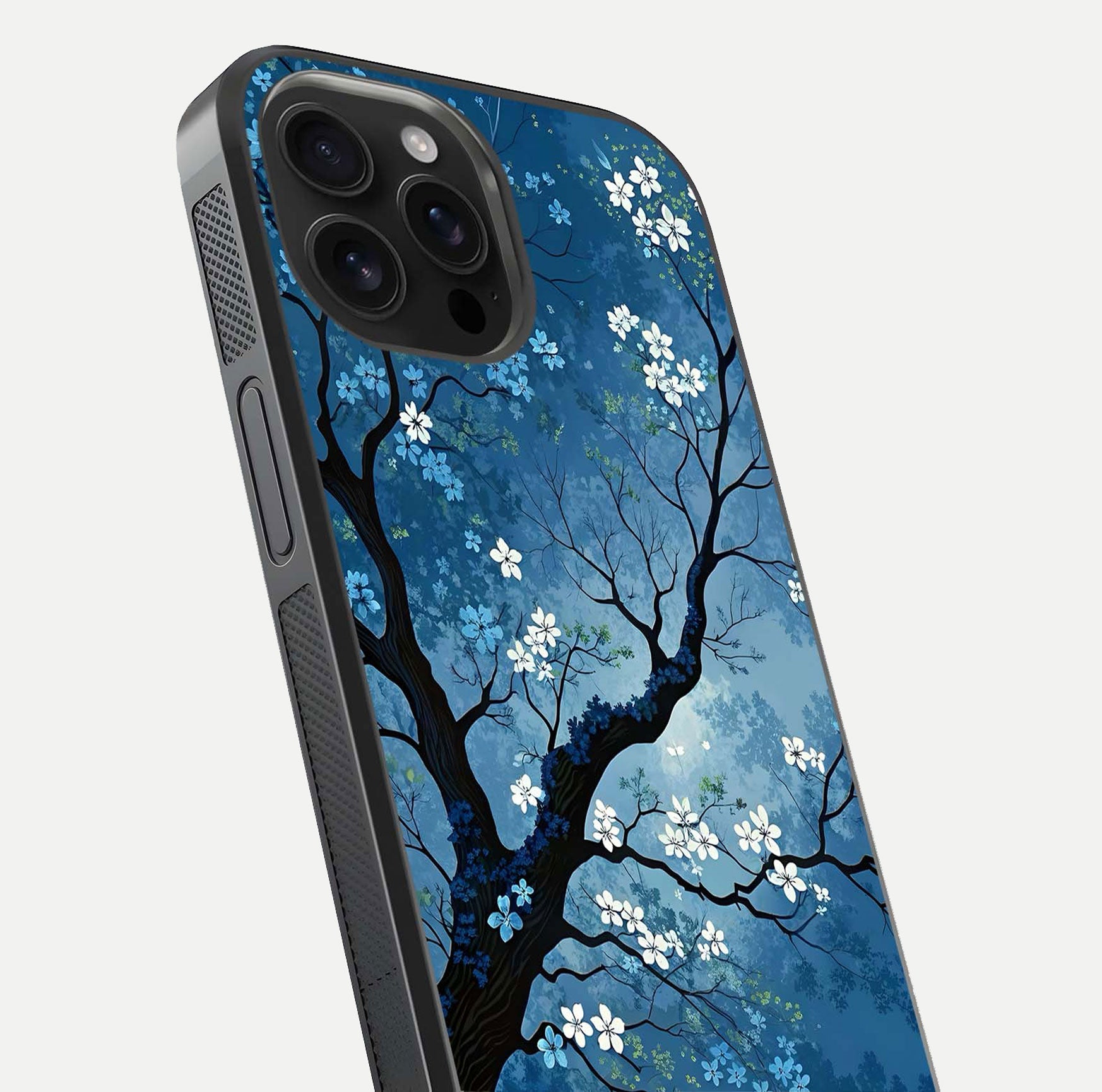 Blue Tree Serenity Glass Case for iPhone 16 Pro Max close-up view highlighting tree branches and reflection gloss