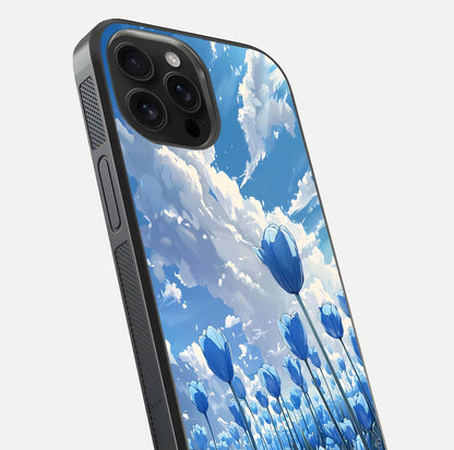 Blue Tulip Clouds Glass Case for iPhone 16 Pro Max close-up image highlighting tulip petals, clouds, and reflection texture