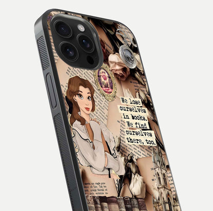 Bookish Dream World Glass Case for iPhone 16 Pro Max close-up shot highlighting book elements and reflection gloss