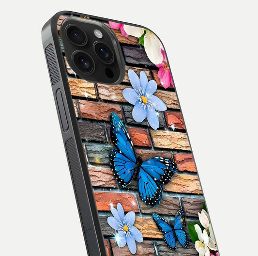 Brick Bloom Flight Glass Case for iPhone 16 Pro Max close-up angle highlighting flower clusters and reflection detail