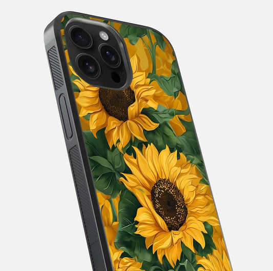 Bright Sunflower Bloom Glass Case for iPhone 16 Pro Max close-up image highlighting yellow petal detail and HD reflection
