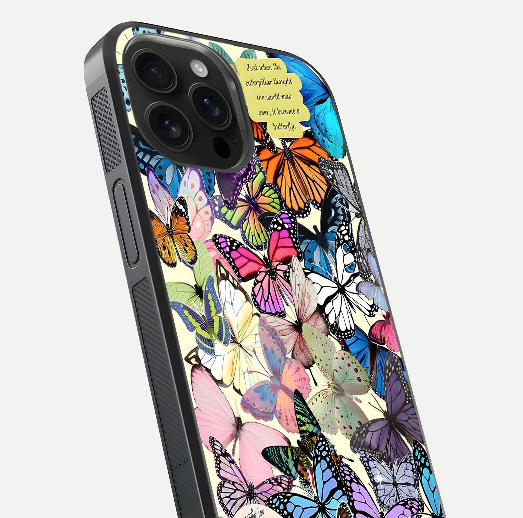 Butterflies Petal Dream Glass Case for iPhone 16 Pro Max close-up highlighting butterfly wings and pink petal gloss
