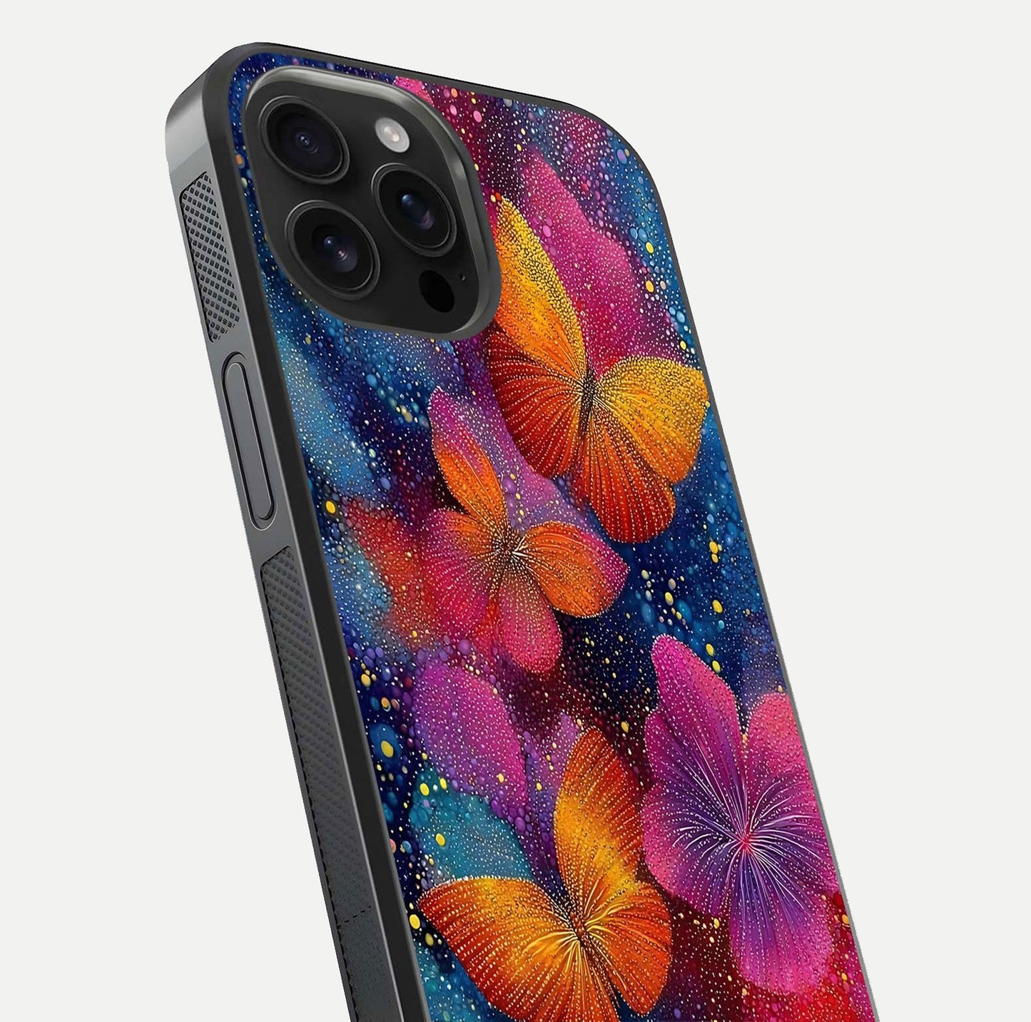 Butterfly Dream Mist Glass Case for iPhone 16 Pro Max close-up capturing wing pattern detail and glossy finish texture
