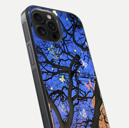 Butterfly Night Magic Glass Case for iPhone 16 Pro Max close-up highlighting wings reflection and gloss shimmer