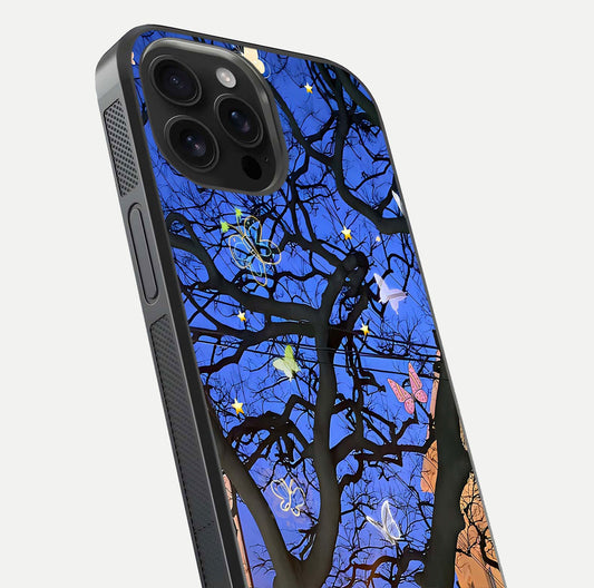 Butterfly Night Magic Glass Case for iPhone 16 Pro Max close-up highlighting wings reflection and gloss shimmer