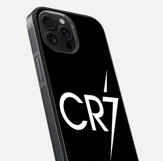 CR7 Elite Strike Glass Case for iPhone 16 Pro Max close-up highlighting CR7 artwork and shine reflection