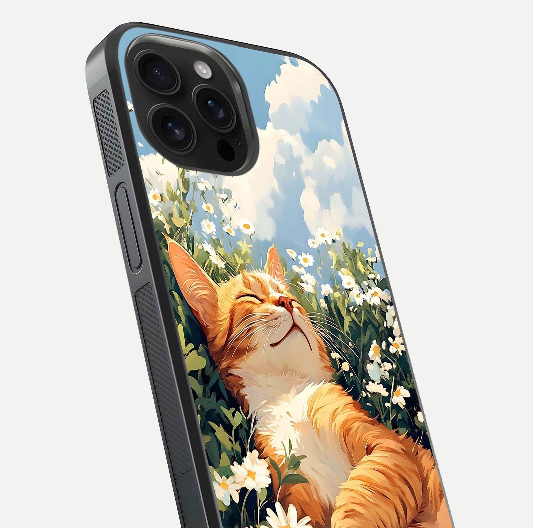 Cat & Flowers View Glass Case for iPhone 16 Pro Max close-up view highlighting cat expression and petal detail