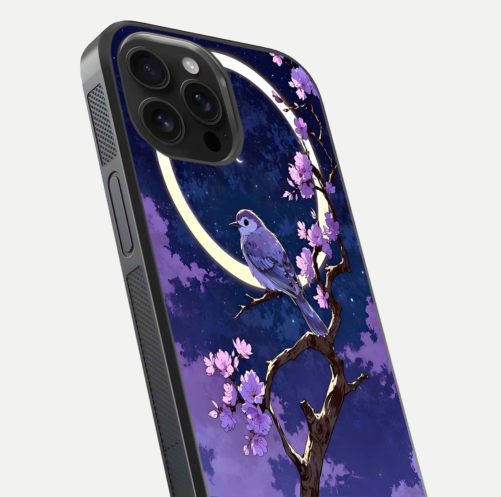 Celestial Bird Blossom Glass Case for iPhone 16 Pro Max close-up capturing bird detail, petal reflection, and gloss shine