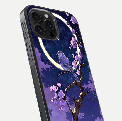 Celestial Bird Blossom Glass Case for iPhone 16 Pro Max close-up capturing bird detail, petal reflection, and gloss shine