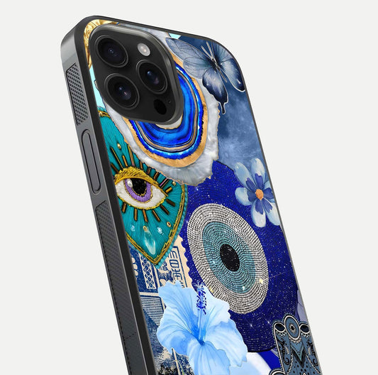 Celestial Blue Vision Glass Case for iPhone 16 Pro Max close-up shot highlighting reflection details and smooth edge polish