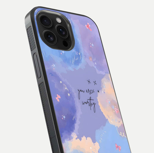 Celestial Cloud Magic Glass Case for iPhone 16 Pro Max close-up highlighting smooth gradient and gloss surface