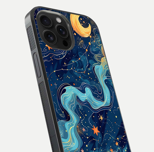 Celestial Dream Flow Glass Case for iPhone 16 Pro Max close-up highlighting star reflections and smooth glow gradient