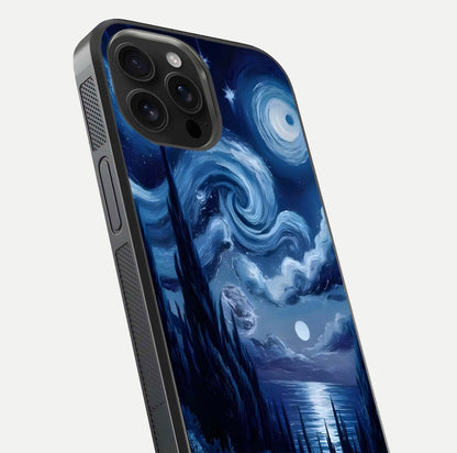 Celestial Dream Van Gogh Glass Case for iPhone 16 Pro Max close-up view capturing vivid brush details and star reflection