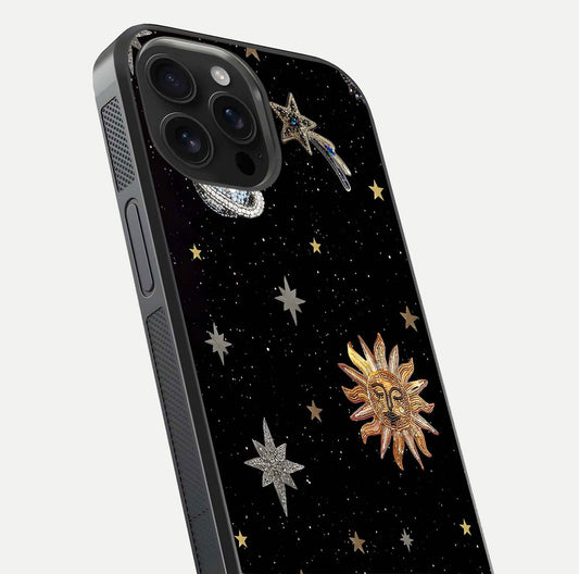 Celestial Moon With Stars Glass Case for iPhone 16 Pro Max close-up showing cosmic reflection and HD shine