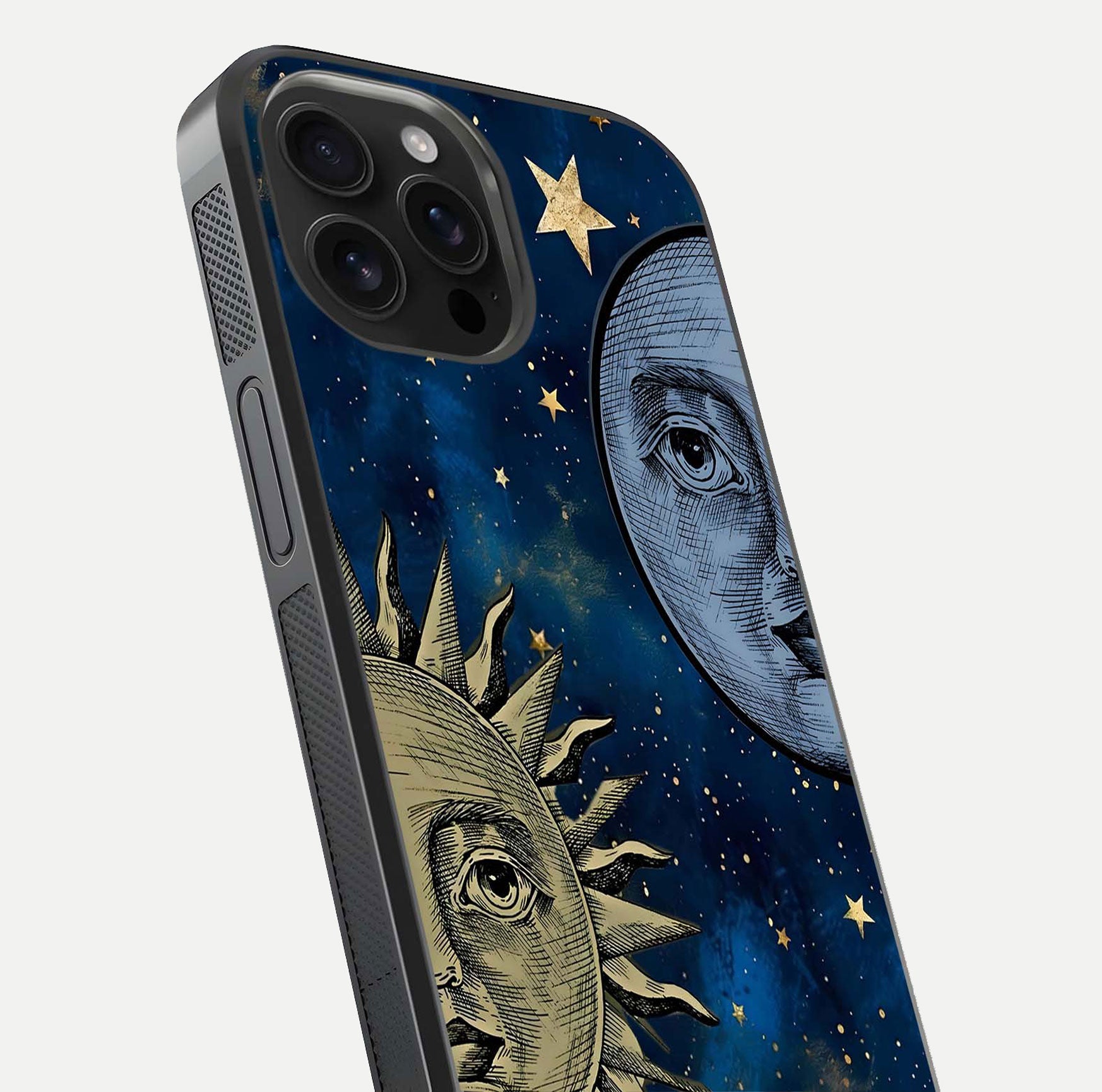 Celestial Moon With Sun Glass Case for iPhone 16 Pro Max close-up highlighting fine celestial detail and polish reflection