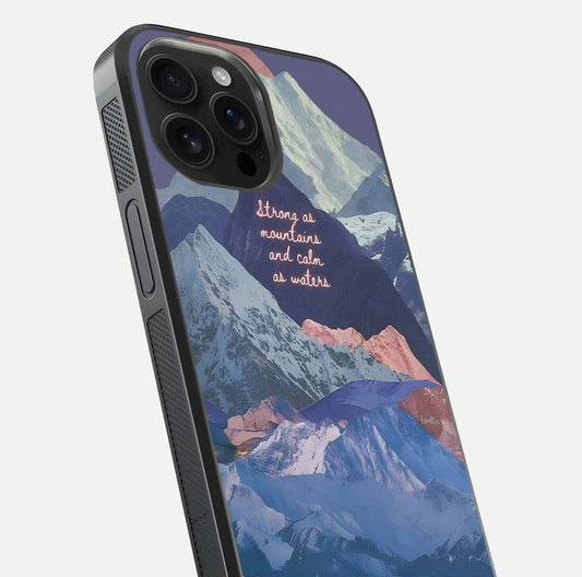 Celestial Mountain Calm Glass Case for iPhone 16 Pro Max close-up showing peak reflection and HD gloss texture