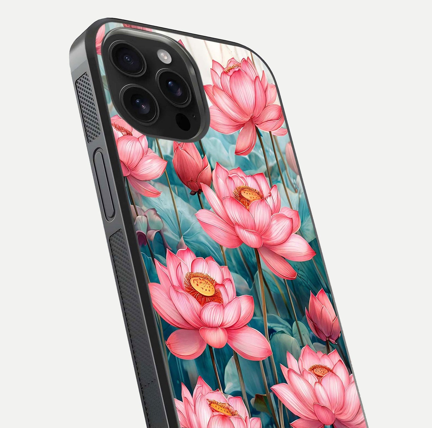 Celestial Pink Lotus Glass Case for iPhone 16 Pro Max close-up highlighting petal detail and HD glass reflection