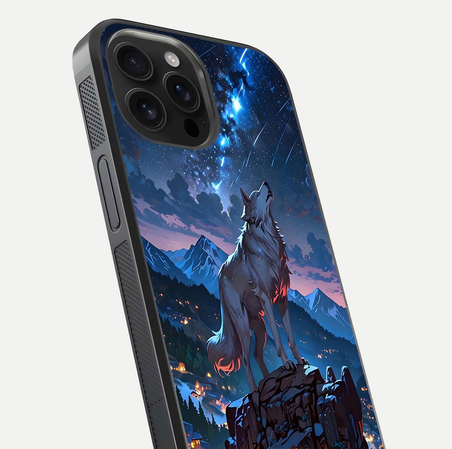 Celestial Wolf Howl Glass Case for iPhone 16 Pro Max close-up showing wolf silhouette and glowing moon reflection