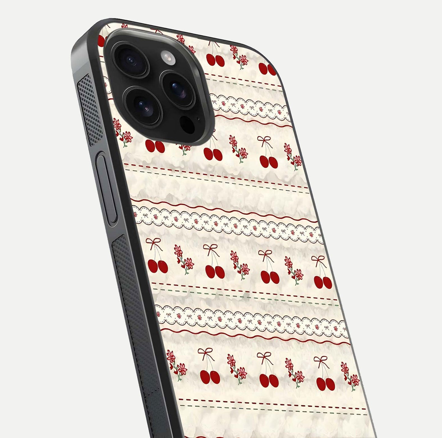 Cherry Bloom Charm Glass Case for iPhone 16 Pro Max close-up showing pink petals and reflection detail