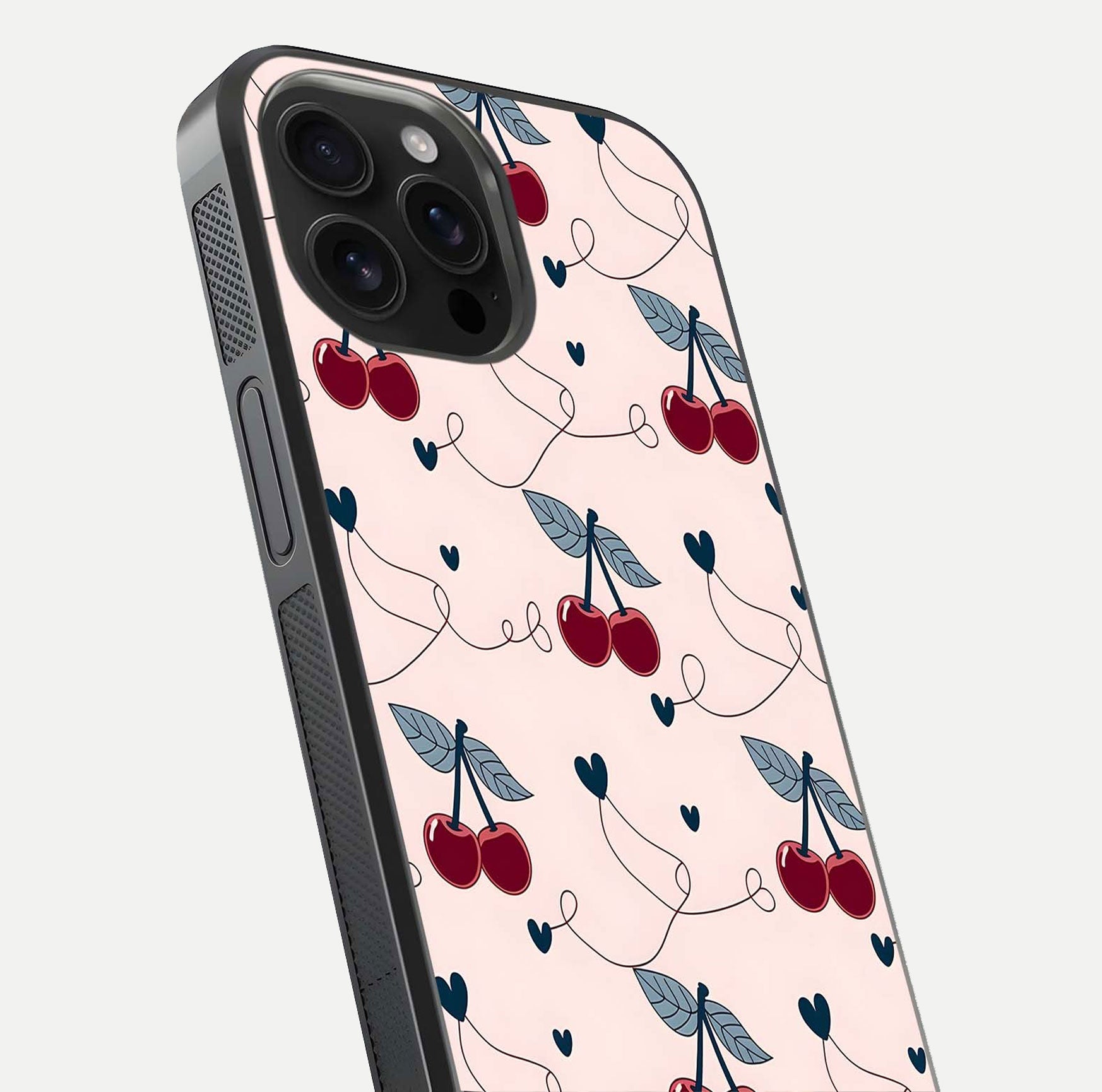 Cherry Heart Line Glass Case for iPhone 16 Pro Max close-up showing heart outline and HD reflection gloss