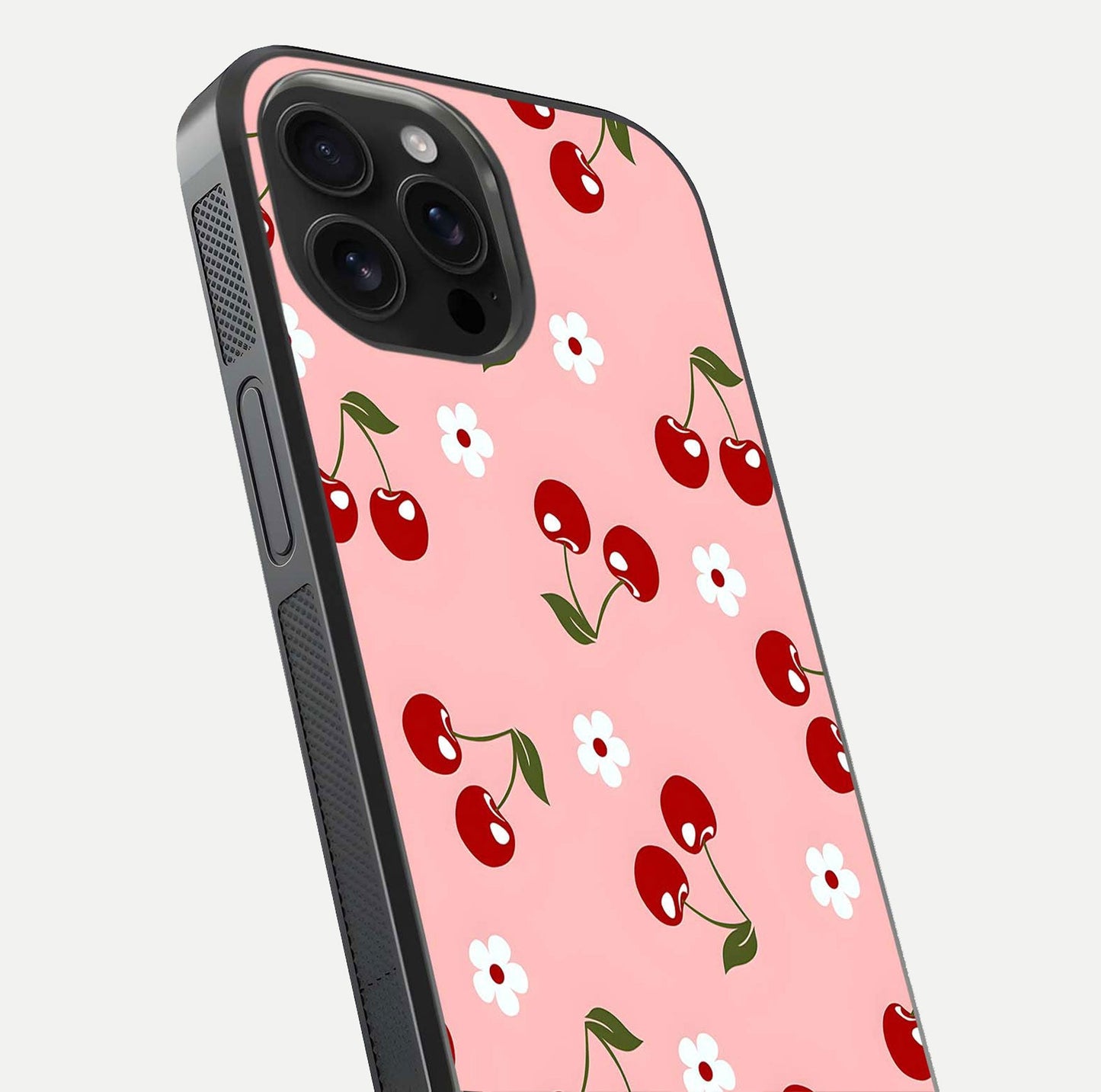 Cherry Love Mood Glass Case for iPhone 16 Pro Max close-up highlighting cherry heart pattern and reflection shine