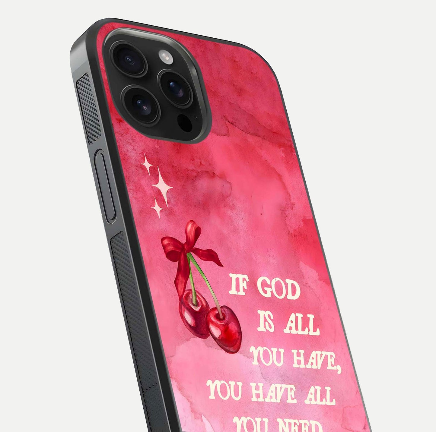 Cherry Quote Glass Case for iPhone 16 Pro Max close-up showing printed quote detail and HD reflection gloss