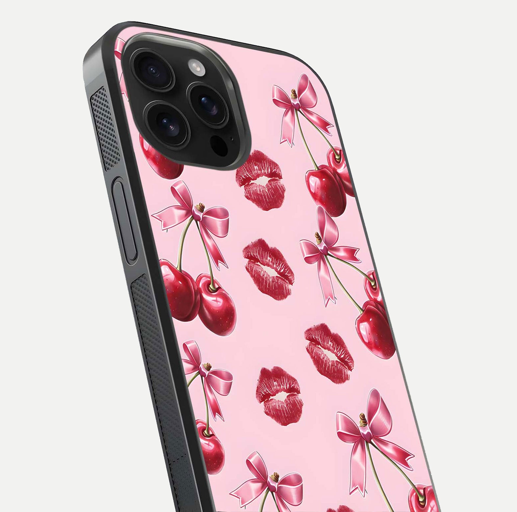 Cherry With Lips Glass Case for iPhone 16 Pro Max close-up view highlighting lips texture and reflection shine